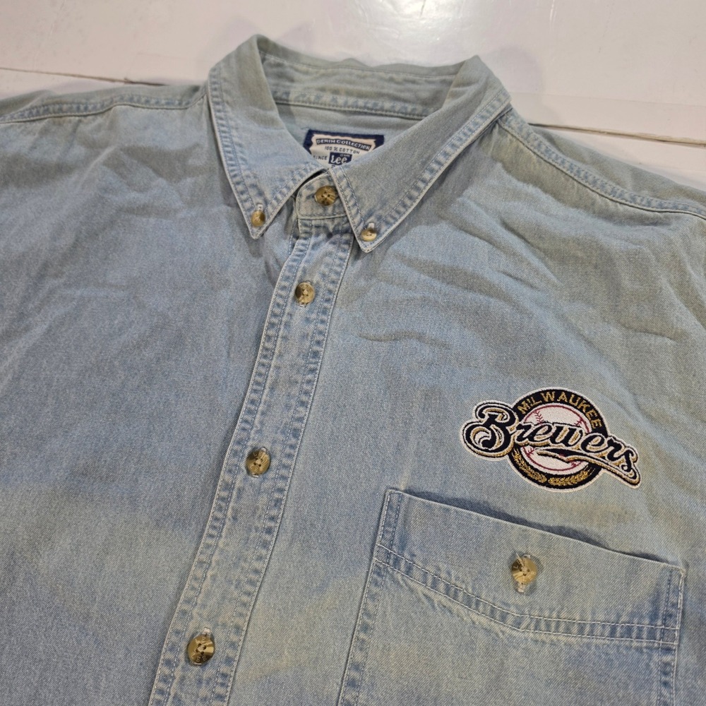Lee Denim Collection Milwaukee Brewers MLB Shirt Light Wash 2XL Mens Long Sleeve